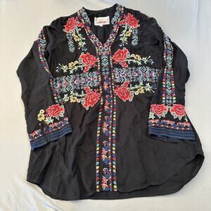 Johnny Was Shirt Women Small Biya Tunic Floral Rayon Velvet Embroidered Boho